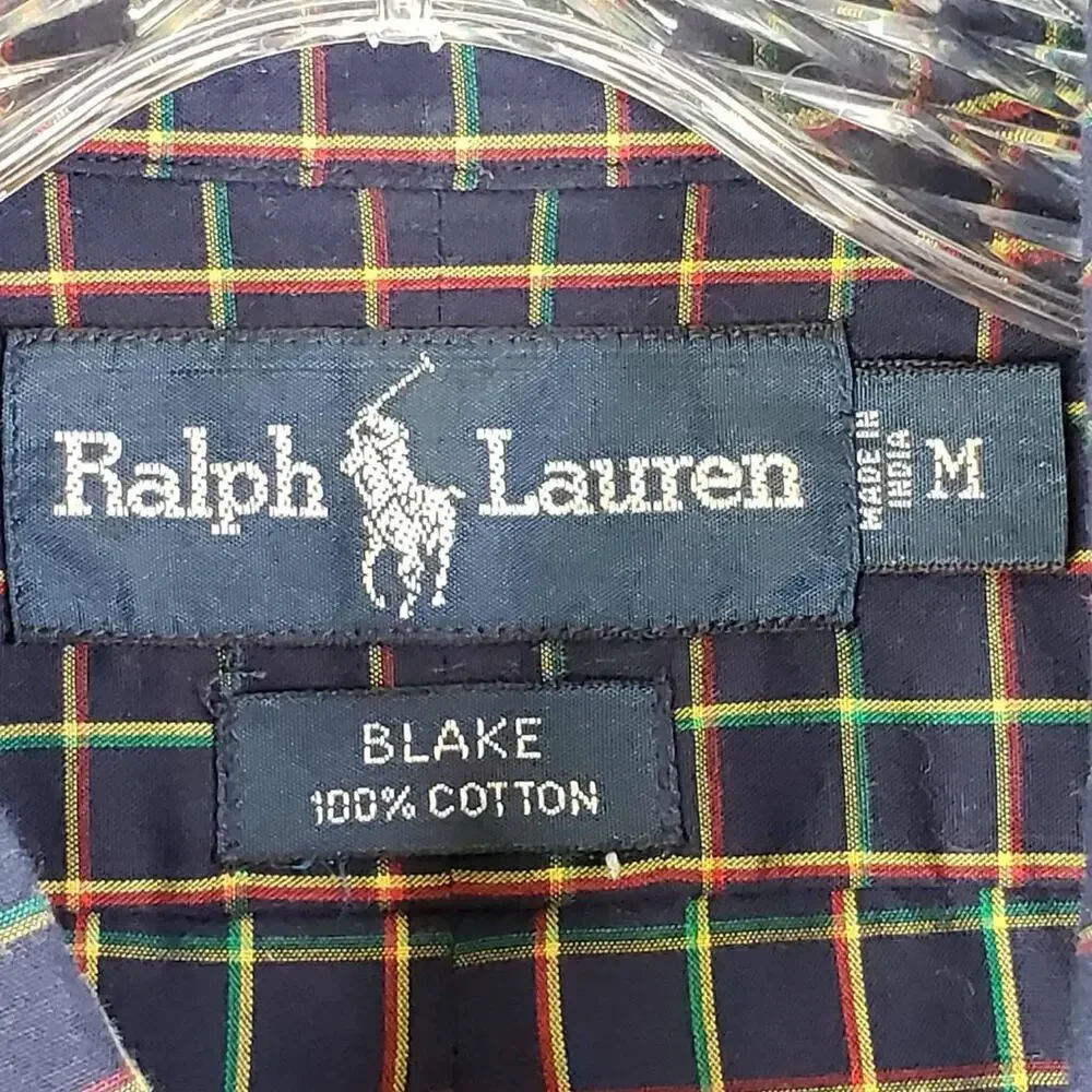 Polo Ralph Lauren Oxford Shirt Men's Medium M Navy Blue Plaid LS Button Down